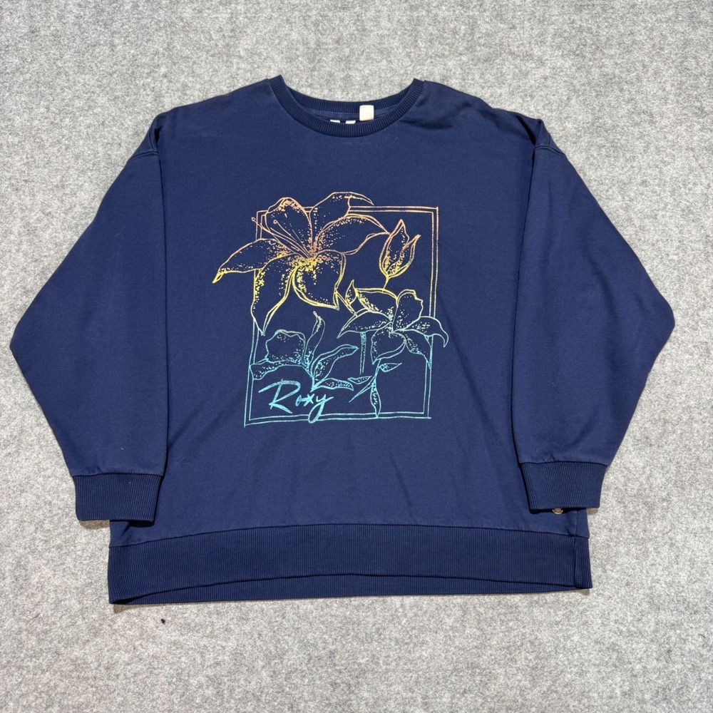 Roxy Womens Navy Blue Floral Graphic Crewneck Sweatshirt Size Medium